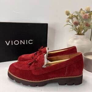 Vionic Finley Slip On Comfort Shoes Suede Loafers Syrah Red Women 7W NWB